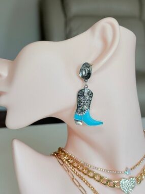 Turquoise Western Cowboy Boot Drop Earrings